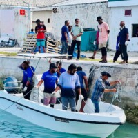 People on a boat with ropes while others standing and watching