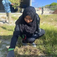 little girl pulling grass