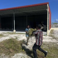 two men carrying a ball of grass