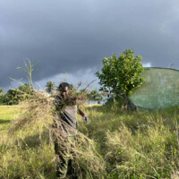 man carrying a large chuck of grass