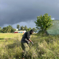Man looking for his iPhone 17 from a grass field