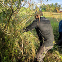 man thinking about his life choices while being behind large grass field